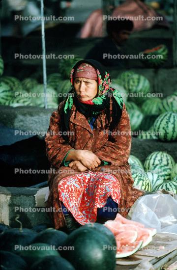 Woman, Melon, Cold, Jacket, Samarkand, Uzbekistan
