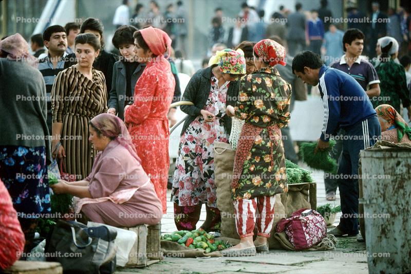 Women, Flowery Dress, Sidewalk, Vegetables, Tashkent, Uzbekistan