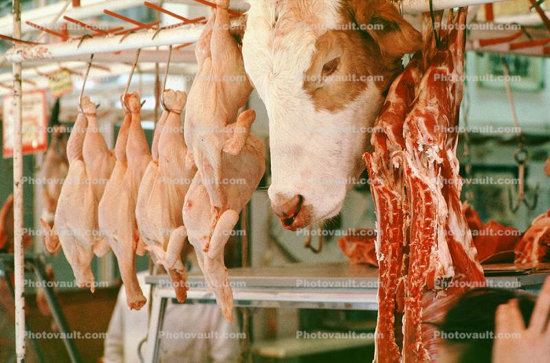 Meat, Hanging Cow Head, Chicken, Poultry, Crete, Greece