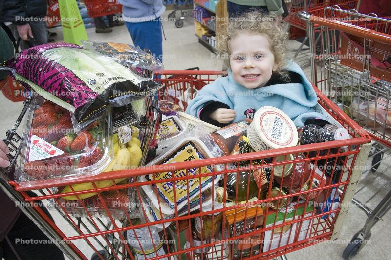 Girl in Shopping Cart, supermarket