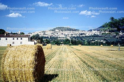Hay, Bales, fields, village, buildings