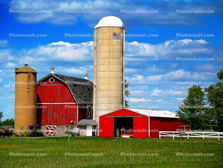 Barn, Silo, Garage, Field, clouds, outdoors, outside, exterior, rural, building