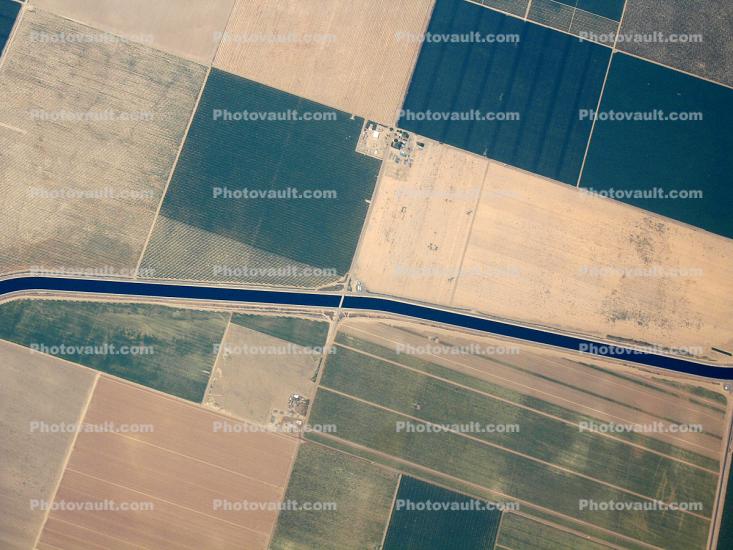 over the Central Valley, near Fresno, Aqueduct, Central California, Canal, patchwork, checkerboard patterns, farmfields