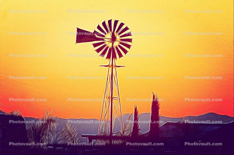 Eclipse Wind Mill, pump, propeller, abstract, surreal, hills, sunset