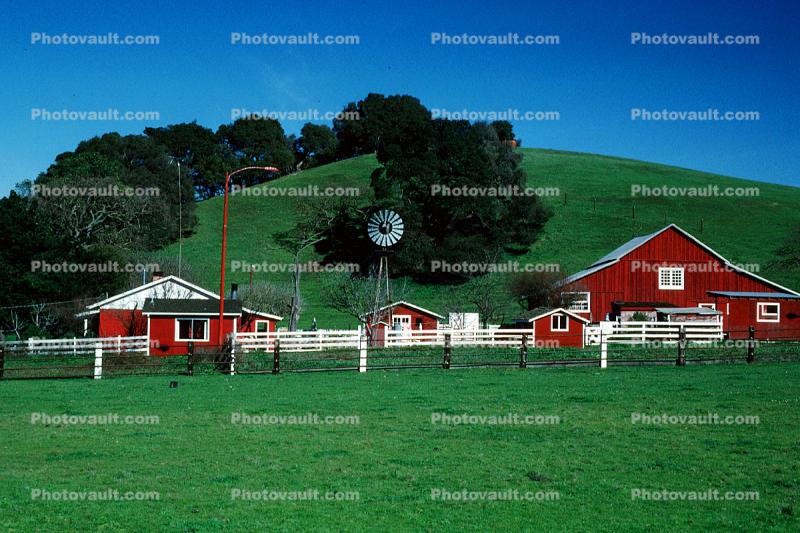 Eclipse Windmill, Irrigation, mechanical power, pump, wood barn, white picket fence, outdoors, outside, exterior, rural, building, architecture