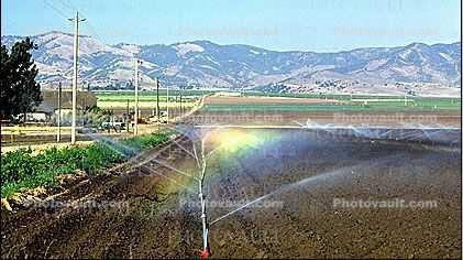Water Sprinkler, rainbow, hills, Dirt, soil, irrigation
