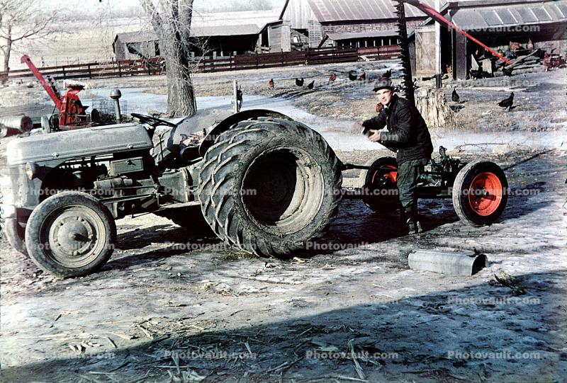 Old Tractor and Corn Harvester, Farmer, Corn, Cornfield, barns, man, 1940s