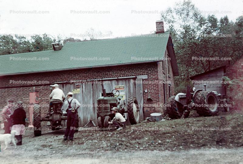 Old Tractor, Barn, men, 1940s