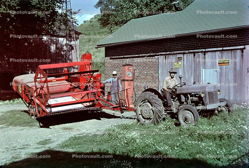 Old Tractor and Square Baler, barn, building, swather, windrower, 1940s