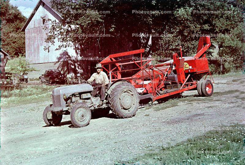 Old Tractor and Square Baler, swather, windrower, 1940s