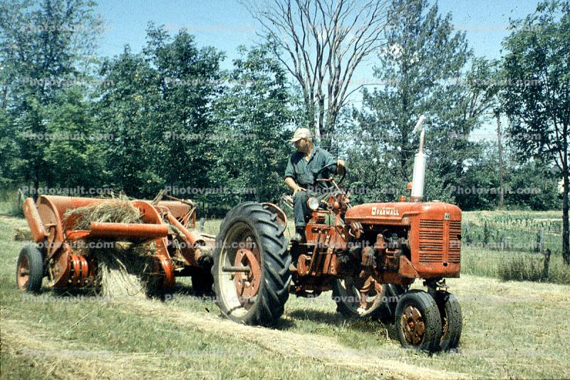 old time Tractor, Farmer, Farmall, Baler, Hay Bale, Baleing Hay, Windrows