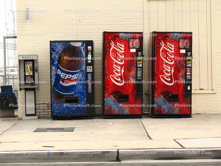 Coca-Cola vending machine, Pepsi, Public Telephone