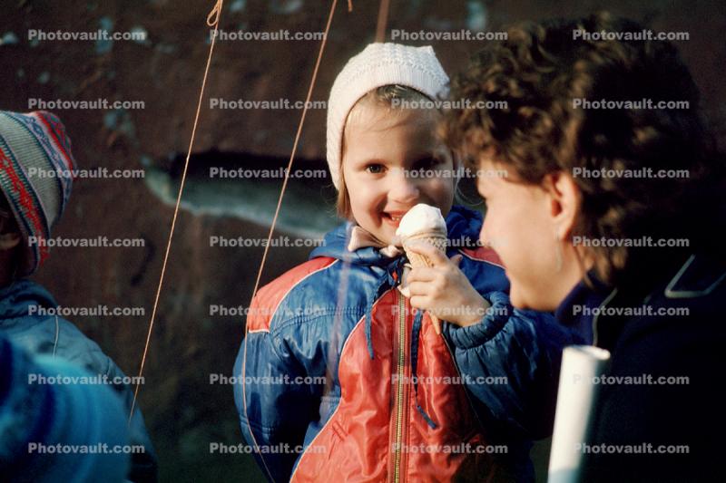 ice cream cone, Girl, Jacket, Cold, Hat