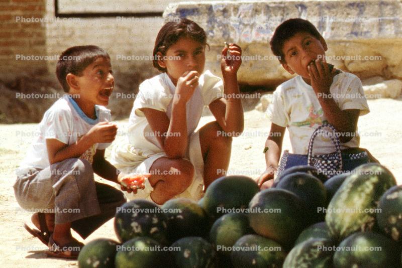 Boys, Girl, eating, Water Melons, Oaxaca, Mexico, funny