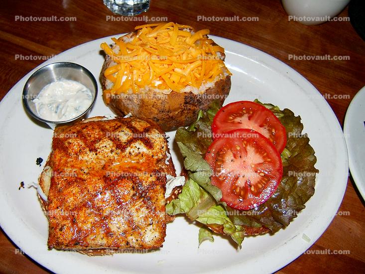 Grilled Fish, Baked Potato, Cheese, Tomato, Tartar Sauce, plate
