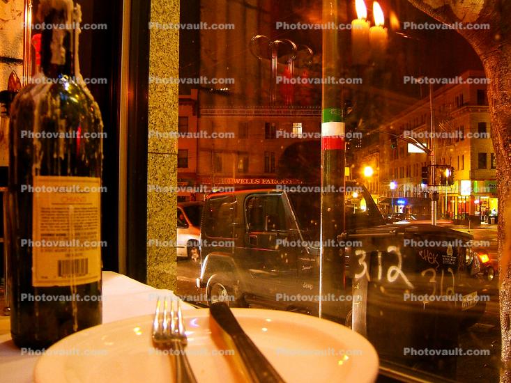 Columbus and Broadway streets, Wine Bottle, plate, window