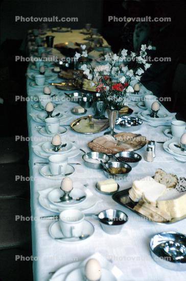 Table Setting, Plates, Boiled Eggs, bread, butter