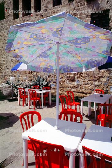 Parasol, Umbrella, tables, ancient wall