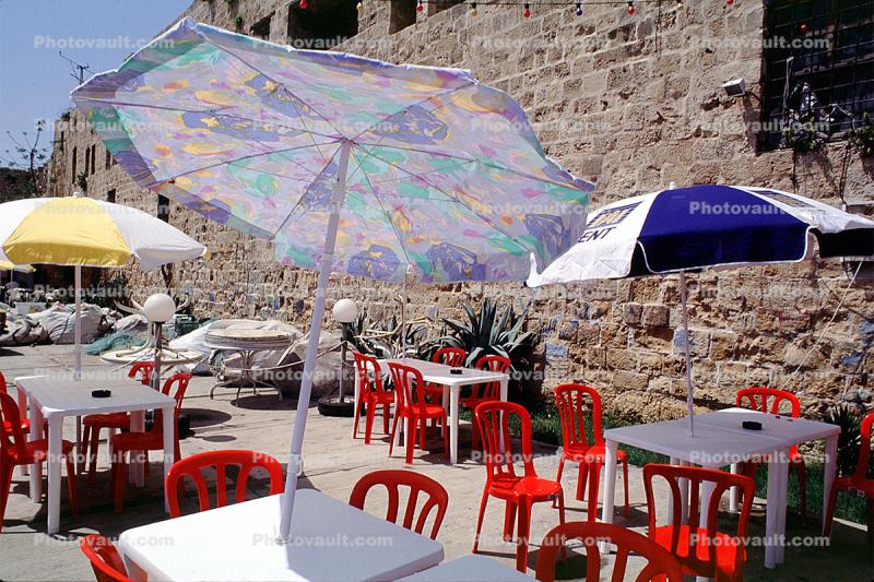 Parasol, Umbrella, tables, ancient wall