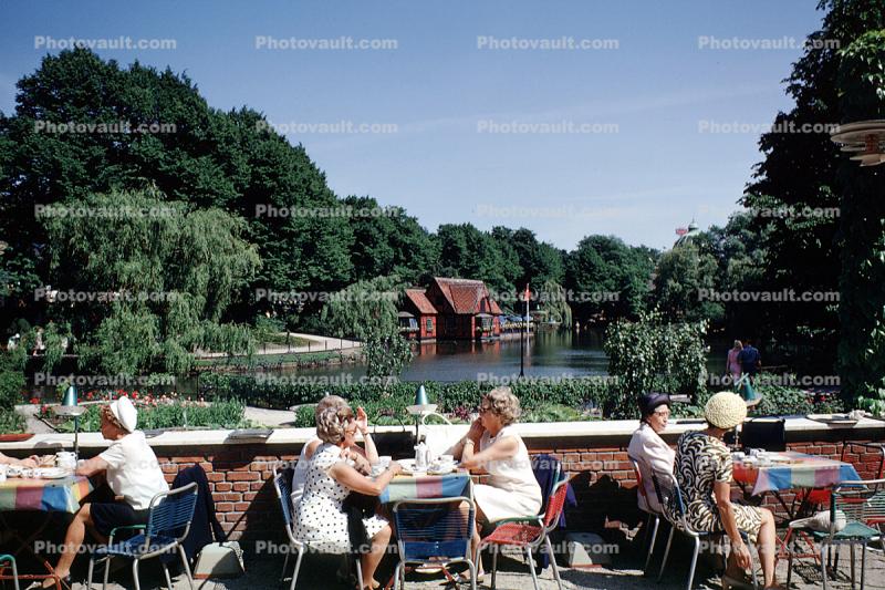Outdoor Cafe, lakeside, trees, lake, Copenhagen, July 1969