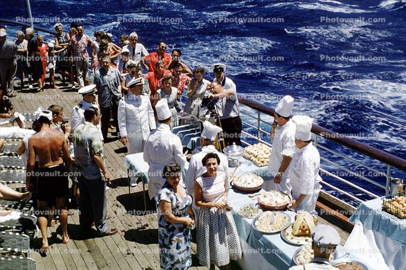 Outdoor Buffet, Chef, at sea, ocean, 1950s