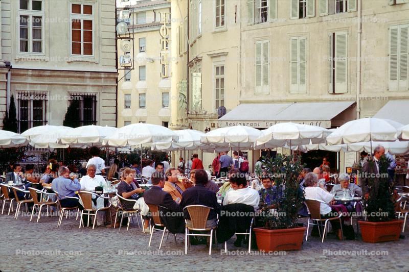 Outdoor Cafe, Parasol, Umbrella, tables, people, Avignon