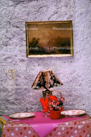Empty Table Setting, lamp, wall, tablecloth, flower, painting, lampshade, picture-frame