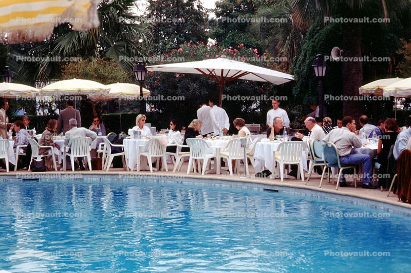 Poolside, Outdoor Cafe, table, people, parasol, umbrella