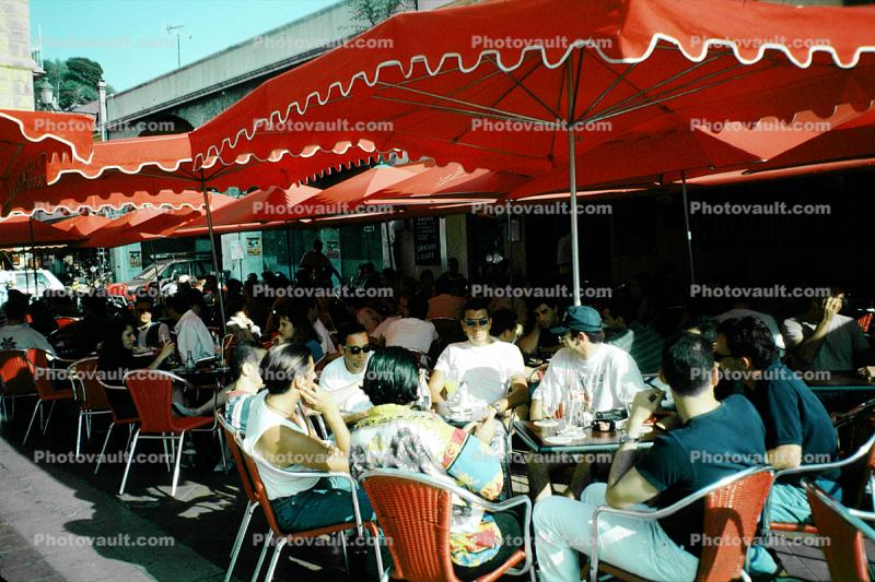 Outdoor Cafe, table, people, parasol, umbrella