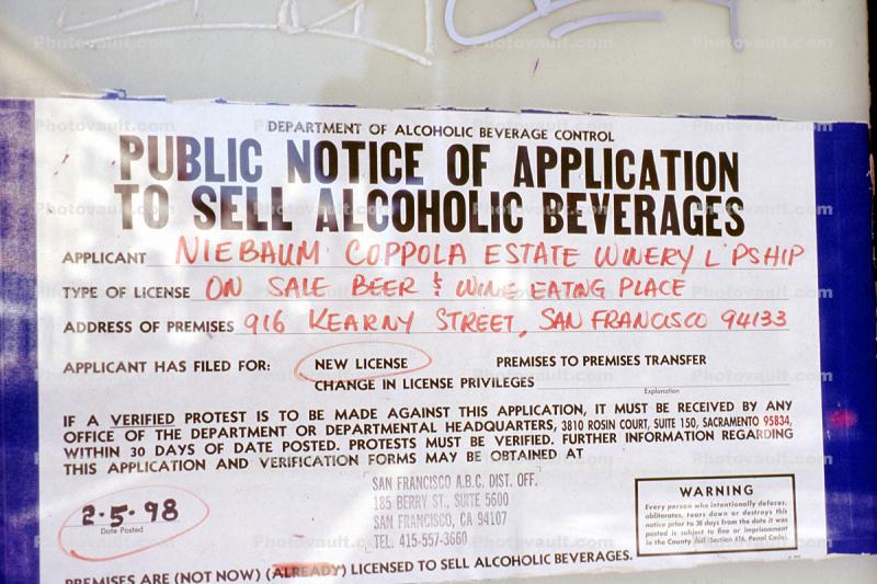 Public Notice of Application to sell Alcoholic Beverages
