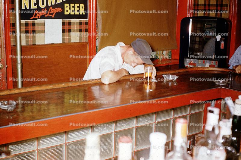 Passed Out, Bar, Getting Drunk, Drinking, Alcohol, Bottles, 1950s