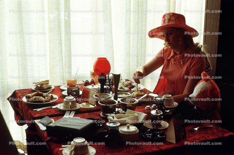 Formal Lunch. Woman, Table Cloth, setting, glassware, plates, Hat