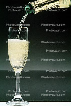 pouring, sparkling, liquid, foam, bubbles, champagne, bottle, glass