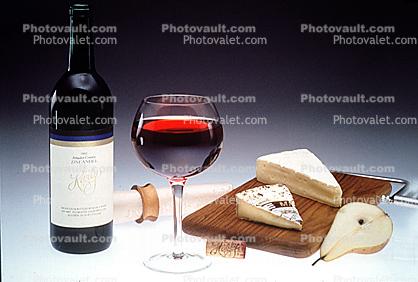 Cheese, Red Wine, Bottle, glass, pear, cork, cheese cutter