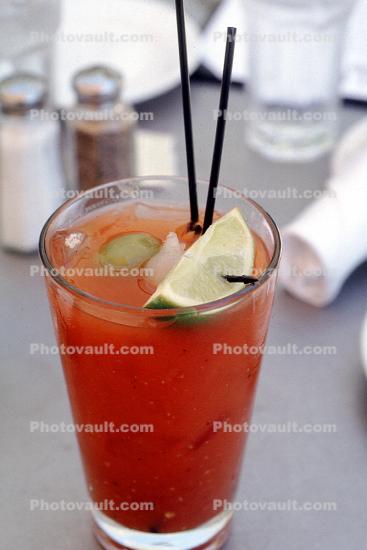 Bloody Mary, lime, tomato, alcohol, straws, glass, lime, drink