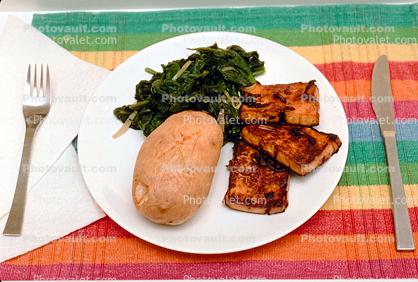 tofu, baked potato, spinach