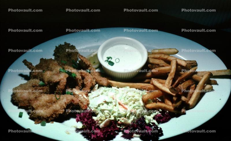 fried shrimp, french fries, coleslaw, tarter sauce, seafood, shellfish, plate, deep-fried