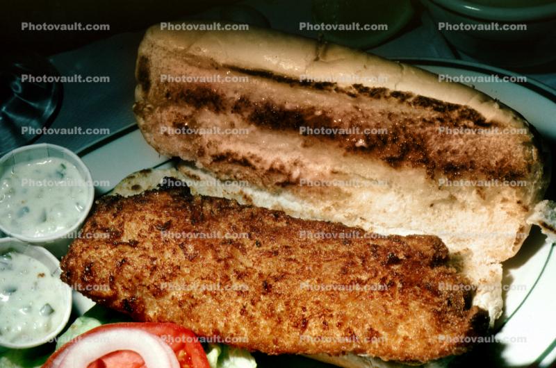 fried fish sandwich, seafood, bun, bread