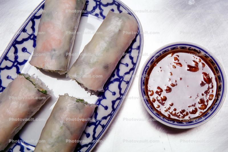 Spring Rolls and Dipping Sauce, Chinese Food, China, Bowl, Plate, Chinese, Asian, Asia