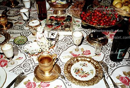 Cherries, Plates, Cups, Table Setting, Bowl, Wine Bottle, forks, Parliament Cigarettes