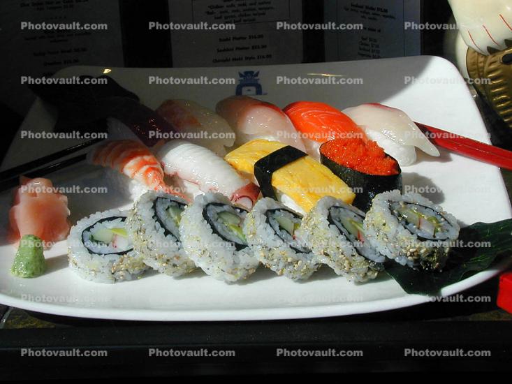 sushi, chopsticks, ginger, saki bottle, plate, platter, ebi, ikura, octopus, wasabi
