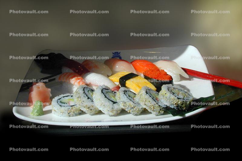 sushi, chopsticks, ginger, saki bottle, plate, platter, ebi, ikura, octopus