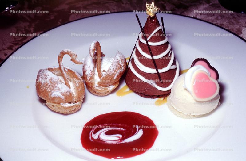 Japanese Swan Pastry, powdered sugar, Pink Hears, Chocolate Cone