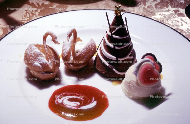Japanese Swan Pastry, powdered sugar, Pink Hears, Chocolate Cone