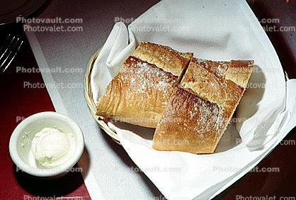 french bread, butter ball, butterball, basket, roll, napkin, starch, wheat