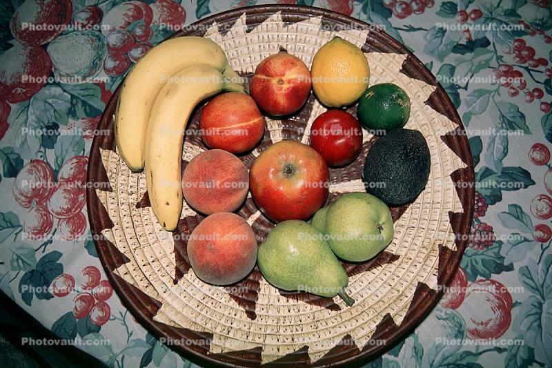 fruit bowl, apple, pear, peach, lemon, lime,