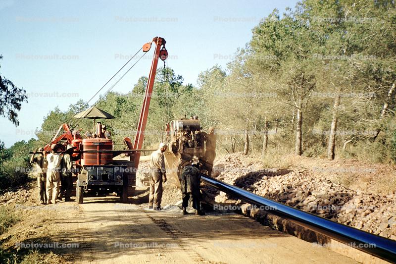 Crane, Tractor, Laying down Water Pipe, Pipline, Ditch, Africa