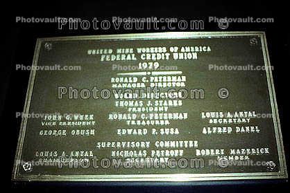Bronze Plaque, United Mine Workers of America, Federal Credit Union