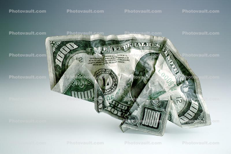 Crumpled One Thousand dollar bill, One Thousand dollar bill, Paper Money, Cash