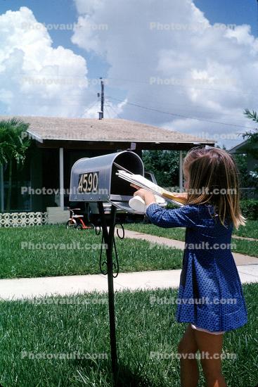 4590, mailbox, mail box, Little Girl gets the Mail, home, house, lawn, sidewalk, clouds, May 1962, 1960s